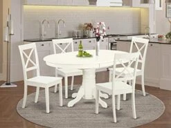 East West Furniture AVBO7-OAK-W Kitchen Set 6 Amazing Room Chairs-A Stunning Round Color Wooden Seat Oak Butterfly Leaf Modern Dining Table -Best Furniture Store 51rYab0ZZ4L. AC