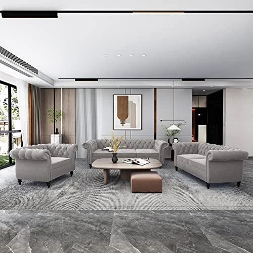 RARZOE 3 Pieces Of Living Room Furniture Sofa Sets, Modern Velvet Chesterfield Sofa&Chesterfield Club Chair&Chesterfield Loveseat Sofas Set With Nailhead Trim Scroll Arms For Living Room(Grey) 1 RARZOE 3 Pieces Of Living Room Furniture Sofa Sets, Modern Velvet Chesterfield Sofa&Chesterfield Club Chair&Chesterfield Loveseat Sofas Set With Nailhead Trim Scroll Arms For Living Room(Grey)