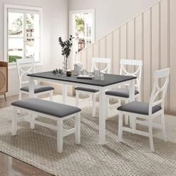 Bellemave 6-Piece Dining Table Set With Storage Drawer, Wooden Rectangular Dining Table With 4 Upholstered Chairs And Bench, Kitchen Dining Room Set For 6 Persons(Walnut +Butter Milk +Grey) -Best Furniture Store 51rrbMzr7ZL. AC