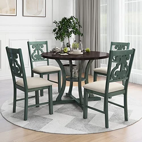 LCH 5 Pieces Round Kitchen 4 Upholstered Chairs And Storage Shelf, Bistro Table Set, For Dining Room (Antique Blue/Dark Brown) 2 LCH 5 Pieces Round Kitchen 4 Upholstered Chairs And Storage Shelf, Bistro Table Set, For Dining Room (Antique Blue/Dark Brown) - Image 2