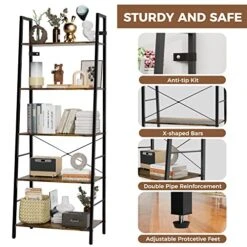 Gadroad Ladder Bookshelf, Industrial 5-Tier Bookcase,Free Standing Ladder Shelf, Utility Organizer Shelves For Plant Flower,Wood Look Accent Furniture With Metal Frame For Home Office,Rustic Brown -Best Furniture Store 51sYchaji9L