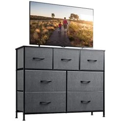 Dresser TV Stand, Entertainment Center With Fabric Drawers, Media Console Table With Metal Frame And Wood Top For TV Up To 45 Inch, Chest Of Drawers For Bedroom, Living Room, Entryway, Dark Grey