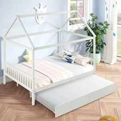 Harper & Bright Designs Twin House Bed With Trundle Bed, Wood Twin Size Daybed For Girls Boys,Kids Platform Bed Frame With Roof Twin Cabin Bed For Bedroom,Pink+White 22 Harper & Bright Designs Twin House Bed With Trundle Bed, Wood Twin Size Daybed For Girls Boys,Kids Platform Bed Frame With Roof Twin Cabin Bed For Bedroom,Pink+White -Best Furniture Store 51shwbagnVL. AC