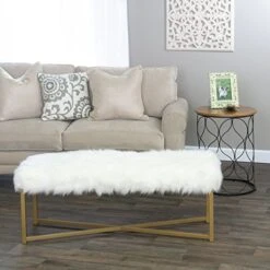 HomePop Faux Fur Rectangle Dining Bench With Metal Base, White -Best Furniture Store 51ssYEyl3WL