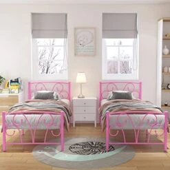 Timy Pink Kids Twin Bed Frame With Headboard And Footboard , Metal Platform Bed Frame With 12 Inch Storage Space For Boys Girls Teens Adults, No Box Spring Needed -Best Furniture Store 51stYGwAIuL