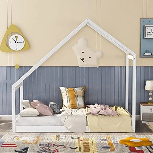 Winwee Wooden House Bed With Roof For Kids, Teens, Girls, Boys, Bedroom Furniture Children House Bed Frame, Can Be Decorated For Toddlers, Teens, Girls, Boys (White, Full) 9 Winwee Wooden House Bed With Roof For Kids, Teens, Girls, Boys, Bedroom Furniture Children House Bed Frame, Can Be Decorated For Toddlers, Teens, Girls, Boys (White, Full) - Image 9