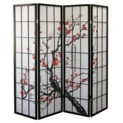 4 Panel Cherry Blossom Design Room Divider, 4-Panel, Black