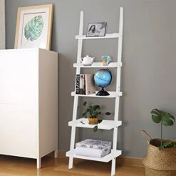 Tangkula Ladder Bookcase 5-Tier Wood Leaning Shelf Wall Plant Shelf Ladder For Home Office Modern Flower Book Display Shelf Storage Rack Stable A-Frame Wooden Ladder Shelf (White)