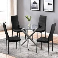 BELIFEGLORY Dining Table With Chairs, Glass Dining Kitchen Table Set Modern Tempered Glass Top Table And PU Leather Chairs With Chairs Dining Room Furniture (Round Table+White Chairs) -Best Furniture Store 51tF9AYV4tL. AC