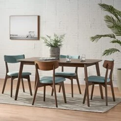 Christopher Knight Home Megann Mid-Century Wood Dining Set With Fabric Chairs, 5-Pcs Set, Natural Walnut / Mint