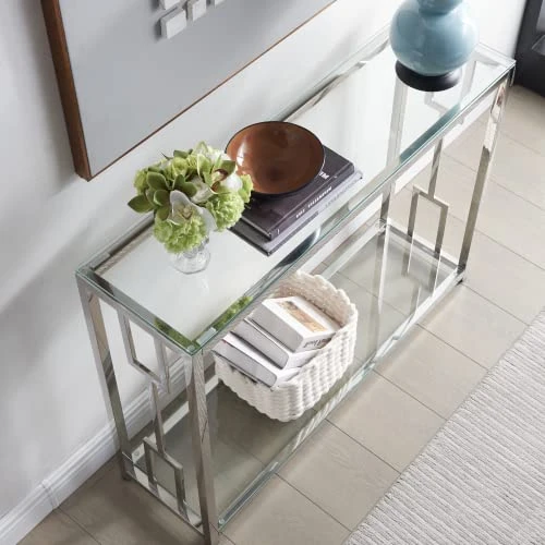 Sofa Table, Glass Console Table With 2-Tier Storage Shelves, Modern End And Narrow Entryway Table For Living Room, Hallway, And Bedroom, Stainless Steel Frame With Geometry Shape 3 Sofa Table, Glass Console Table With 2-Tier Storage Shelves, Modern End And Narrow Entryway Table For Living Room, Hallway, And Bedroom, Stainless Steel Frame With Geometry Shape - Image 3
