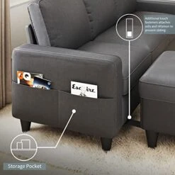 Lonkwa L-Shaped Couches Convertible Storage Ottoman 3-Seat Grey Sectional Sofas For Living Room/Bedroom/Office/Small Space, Dark Gray -Best Furniture Store 51tUq1RHKJL