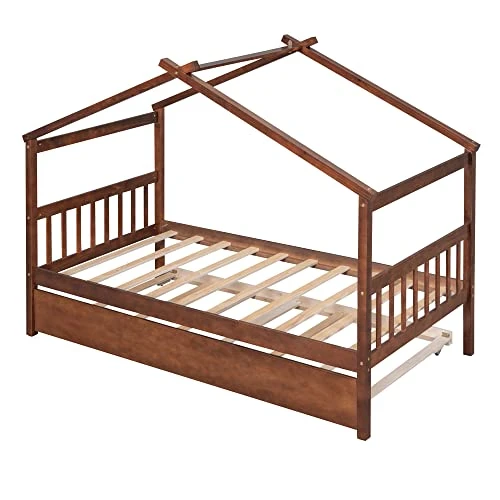 JIVOIT Twin Size House Platform Bed With Twin Size Trundle, Wooden House Bed Daybed With Roof Design And 2 Headboards, House-Shaped Canopy Bed For Kids Teens Boys Girls (Walnut-Twin-Trundle 011) 5 JIVOIT Twin Size House Platform Bed With Twin Size Trundle, Wooden House Bed Daybed With Roof Design And 2 Headboards, House-Shaped Canopy Bed For Kids Teens Boys Girls (Walnut-Twin-Trundle 011) - Image 5