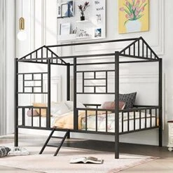 Harper & Bright Designs Twin Size House Bed With Trundle, Metal Kids Platform Bed Frame With Roof, House-Shape Bed Frame Can Be Decorated For Kids Girls Boys Toddlers(Black) -Best Furniture Store 51trapPAS5L. AC