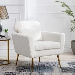 Mikibama Mid Century Modern Accent Chair Upholstered Reading Chair Armchair With Metal Legs And Throw Pillow Side Chair For Living Room Bedroom Office (Ivory,Teddy Fabric) -Best Furniture Store 51tuB73UAWL. AC