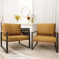 Recaceik Mid-Century Modern Leather Accent Chair, Upholstered PU Leather Chair, Lounge Living Room Chair With Metal Frame, Comfy Reading Armless Chair Home Furniture, Coffee -Best Furniture Store 51uZDDdpt L. AC