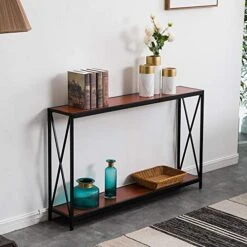 SoSo-BanTian1989 Brown Finish Metal Frame 2-Tier Console Table, Entryway Hallway Sofa Side Furniture