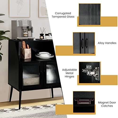 Giantex Buffet Cabinet With Storage, Farmhouse Sideboard With Open Shelves & Tempered Glass Door, Mid Century Free-Standing Kitchen Cupboard For Living Room Hallway, Black 4 Giantex Buffet Cabinet With Storage, Farmhouse Sideboard With Open Shelves & Tempered Glass Door, Mid Century Free-Standing Kitchen Cupboard For Living Room Hallway, Black - Image 4