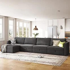 HONBAY Oversized Modular Sectional Sofa With Storage Seat Reversible L Shaped Modular Sectional Sofa With Deep Seat & Wide Chaise, Dark Grey