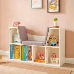 Cozy Castle Wooden Kids Bookshelf With Reading Nook And Book Shelf Storage Organizer, Kids Bookcase With Detachable Cushions For Bedroom, Playroom, Gift For Ages 3+, White -Best Furniture Store 51ux20RLZgS. AC