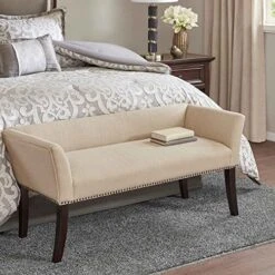 Madison Park Welburn Upholstered Tufted Entryway Accent Bench With Back, Nailhead Trim, And Padded Seat Mid-Century Modern Fabric Ottoman For Bedroom Furniture, 49.5" W X 19.25" D X 23" H, Tan