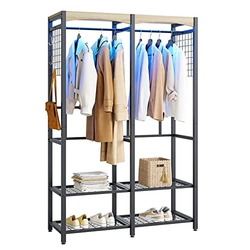 Metal Freestanding Wardrobe Storage Unit With Wooden Top Shelf And Built In Color Changing Lights With 7 Colors And 20 Dynamic Modes, Black 1 Metal Freestanding Wardrobe Storage Unit With Wooden Top Shelf And Built In Color Changing Lights With 7 Colors And 20 Dynamic Modes, Black