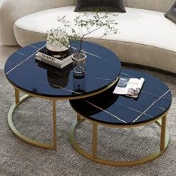 WiberWi Round Coffee Table Nesting Tables Set Of 2, Large : Ø 34.0", Small : Ø 26.0", Modern Design Coffee Tables For Living Room, Gold Metal Frame Circle Cocktail Table, High Glossy Faux Black Marble -Best Furniture Store 51vIskeZ30L. AC