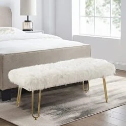 White Faux Fur Ottoman Bench Upholstered Bench For Bedroom/Living Room/Entryway Decorative Accent Bench With Wood Legs -Best Furniture Store 51vJUrJ2KEL. AC