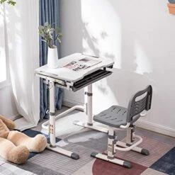 MTFY Kids Desk And Chair Set,Tilt Height Adjustable Kids Study Table And Chair Set,Children Study Table Student Writing Desk School Workstation W/Drawer Storage (Gray-2) -Best Furniture Store 51vMnYXkqlL