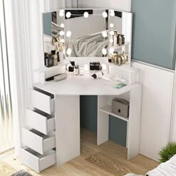 Corner Vanity Desk With Lighted Mirror & Power Strip,White Makeup Vanity Table With Lights,42 Inch Corner Vanity Mirror With Lights And 4 Drawer, 3 Lighting Modes, Brightness Adjustable 13 Corner Vanity Desk With Lighted Mirror & Power Strip,White Makeup Vanity Table With Lights,42 Inch Corner Vanity Mirror With Lights And 4 Drawer, 3 Lighting Modes, Brightness Adjustable -Best Furniture Store 51vMyvWGufL