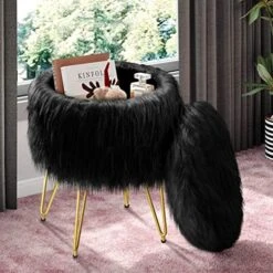 GREENSTELL Vanity Stool Chair With Storage, 15.75" W X 19.29" H Round Faux Fur Ottoman With 4 Metal Legs, Furry Padded Seat, Modern Multifunctional Makeup Stool For Bedroom Living Room Pink -Best Furniture Store 51vSZLwR1eL. AC
