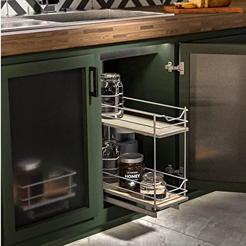 Home Zone Living Pull Out Kitchen Cabinet Organizer With Two Tiers Of Storage, 7.5” W X 20” D, Satin Nickel With Light Brown Wood Finish, Virtuoso Collection 2 Home Zone Living Pull Out Kitchen Cabinet Organizer With Two Tiers Of Storage, 7.5” W X 20” D, Satin Nickel With Light Brown Wood Finish, Virtuoso Collection - Image 2