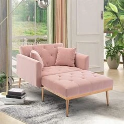 SLEERWAY Velvet 2 In 1 Chaise Lounge Chair Indoor, Modern Single Sofa Bed With Two Pillows, Recliner Chair With 3 Adjustable Angles, Convertible Sleeper Chair For Living Room And Bedroom (Pink) -Best Furniture Store 51vXSUWBU4L. AC