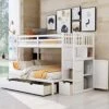 GENERIC Twin Over Twin/Full Bunk Bed With Storage Shelves Drawers Bottom Convertible From To Full For Kids Teens White Modern Contemporary Unisex Nature Space Pine Includes Hardware