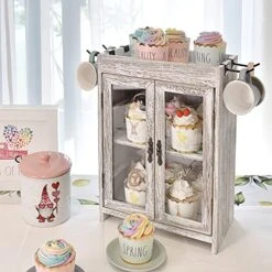 Ikee Design Wooden Countertop Multipurpose Storage Cabinet With Removable Shelves For Kitchen, Vanity, Glass Window Door With 4 Metal Hooks, Antique White Color, 10.4" W X 6.1" D X 14.4" H