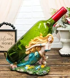 Ebros Nautical Coastal Beach Colorful Blonde Mermaid With Shimmering Blue Tail Swimming By Corals Wine Holder Display Figurine Resin Sea Siren Kitchen Decor Party Centerpiece Ocean Reef Nymph Statue