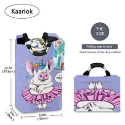 Kaariok Cute Pig Ballerina Tutu Unicorn Cartoon Star Purple Animal Laundry Hamper With Handles Waterproof Collapsible Storage Basket Large Dirty Clothes Bin For Laundry Room, 22.7 Inches