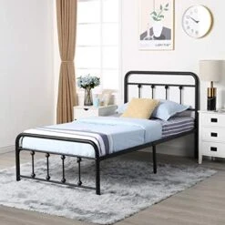 Twin Size Bed Frame With Wooden Headboard And Footboard, Mattress Foundation/Platform With Strong Metal Slats And Anti-Slip Support, No Box Spring Needed/Noise Free, Metal Wood Head Board -Best Furniture Store 51wBNfJOSJL. AC