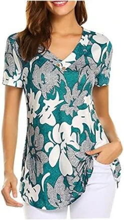 Going Out Tops For Women Floral Printed Hide Belly Tunic Blouses Casual V Neck Buttons Pullover Short Sleeve T-Shirts -Best Furniture Store 51wDYlvsE6L. AC