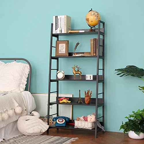 BATHWA Industrial 5-Tier Ladder Bookshelf Wood And Metal Bookcase Black Organizer Stand Rack Storage Ladder Shelves For Living Room Office Bathroom Kitchen, 59'' Height 2 BATHWA Industrial 5-Tier Ladder Bookshelf Wood And Metal Bookcase Black Organizer Stand Rack Storage Ladder Shelves For Living Room Office Bathroom Kitchen, 59'' Height - Image 2
