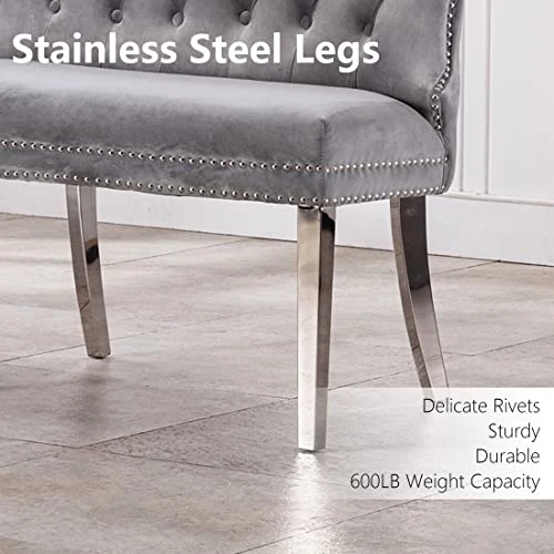 UDAX Velvet Bench With Back, Upholstered Armless Couch Settee With Button Tufted Backrest Nailhead Around, Light Grey 6 UDAX Velvet Bench With Back, Upholstered Armless Couch Settee With Button Tufted Backrest Nailhead Around, Light Grey - Image 6