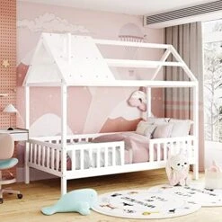 GAOWEI Full Size House Bed,Full Wood House Bed Frame,Full Size Bed With Roof,Chimney And Fence For Kids,Teens,Girls,Boys,Full Size House Bed For Kids (House Bed-Gray) -Best Furniture Store 51wZ1GEOZL. AC 1