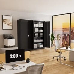 Greenvelly Locking Metal Cabinet With 2 Doors, Tall Steel Storage Cabinet With 4 Adjustable Shelves,72” Lockable Metal Welded Storage Cabinet Lock For Office, Garage, Kitchen,Laundry Room (Black)