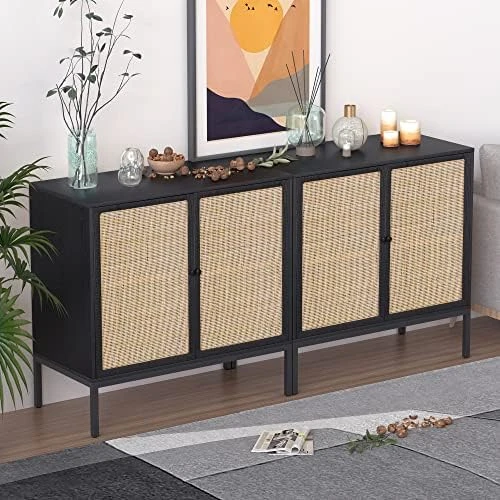 XIAO WEI Sideboard With Handmade Natural Rattan Doors, Rattan Cabinet Console Table Storage Cabinet Buffet Cabinet, For Kitchen, Living Room, Hallway, Entryway, Black 11 XIAO WEI Sideboard With Handmade Natural Rattan Doors, Rattan Cabinet Console Table Storage Cabinet Buffet Cabinet, For Kitchen, Living Room, Hallway, Entryway, Black - Image 11