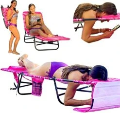 FLIP Face Down Tanning Chaise Lounge Chair - Face & Arm Holes - 2 Legs Support - Polyester Material – Backrest Positions - Head Rest Pillow - Beach Or Home Use - PATENTS Pending - Pink Stripes Pattern -Best Furniture Store 51wy68DCCAL. AC