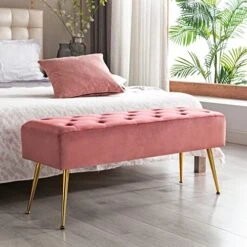 Fefances Modern Velvet Bedroom Bench Entryway Bench Living Room Bench For Bedroom Indoor Benches Gold Ottoman Pink