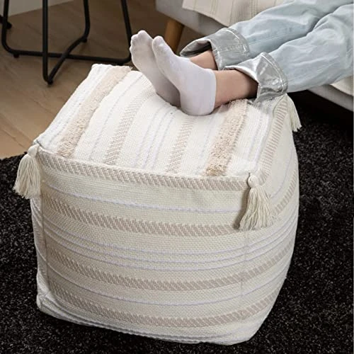 Blue Page Boho Neutral Decorative Square Unstuffed Pouf - Braided Handwoven Casual Ottoman Pouf Cover With Tassels And Cute Soft Tufted Footrest/Cushion For Bedroom Living Room, 18" X18”x16 6 Blue Page Boho Neutral Decorative Square Unstuffed Pouf - Braided Handwoven Casual Ottoman Pouf Cover With Tassels And Cute Soft Tufted Footrest/Cushion For Bedroom Living Room, 18" X18”x16 - Image 6