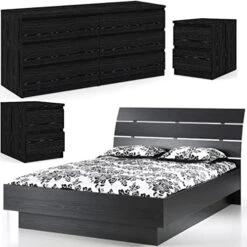 Contemporary 4 Piece Bedroom Set With Wood Platform Queen Bed And 2 Piece Of 2 Drawer Wood Nightstand And 6 Drawer Double Bedroom Dresser In Black Woodgrain