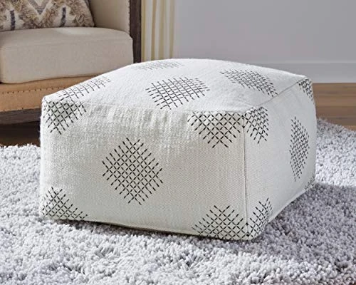 Signature Design By Ashley Mabyn Handwoven Boho Pouf, 24 X 24 In, White And Gray 2 Signature Design By Ashley Mabyn Handwoven Boho Pouf, 24 X 24 In, White And Gray - Image 2