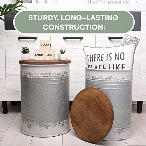 Hallops Farmhouse Accent Side Table | Galvanized Rustic Coffee Table | Metal Storage Ottoman Wood Cover With Stand| Farmhouse Decor Storage Bench (Set Of 2, Distressed White) 3 Hallops Farmhouse Accent Side Table | Galvanized Rustic Coffee Table | Metal Storage Ottoman Wood Cover With Stand| Farmhouse Decor Storage Bench (Set Of 2, Distressed White) - Image 3